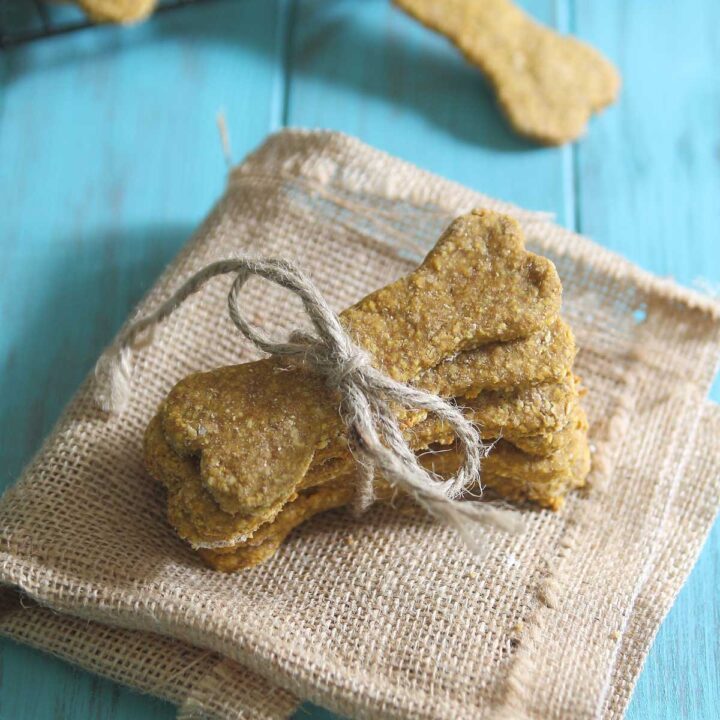 Pumpkin dog treats shaped in the form of biscuits stacked on burlap and wrapped in twine.