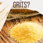 Cornmeal grits on wooden background with text overlay.