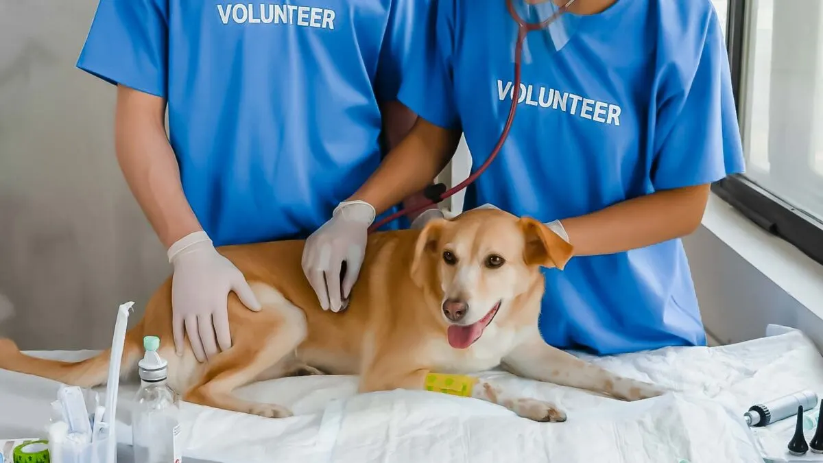 Sick dog with volunteers on a table.