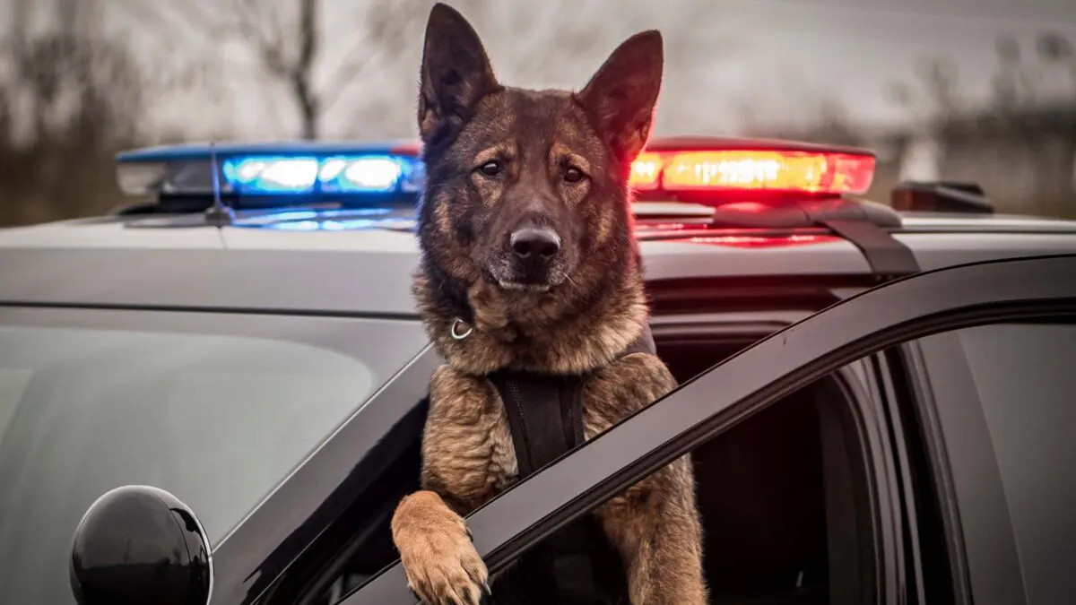 A police dog sits in the front passenger seat of a patrol car, with its head and one paw out the window. The car has red and blue lights on top. The background is blurred.