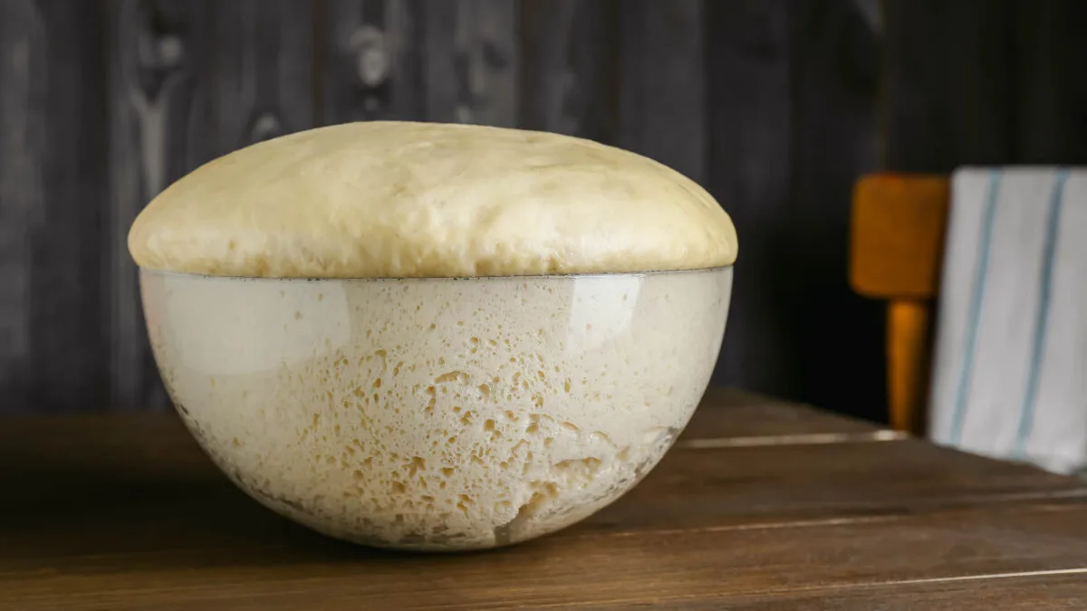 A glass bowl filled with risen dough sits on a wooden table. The dough has expanded and appears fluffy, with a rounded top. The background is dark, with a striped cloth partially visible on a chair to the right.