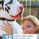 A young girl smiling and hugging a large black and white dog by a wooden fence, with the text: "Why Some Dogs Love Water: 15 Subtle Signs Your Dog Trusts You Completely" and a website URL at the top.