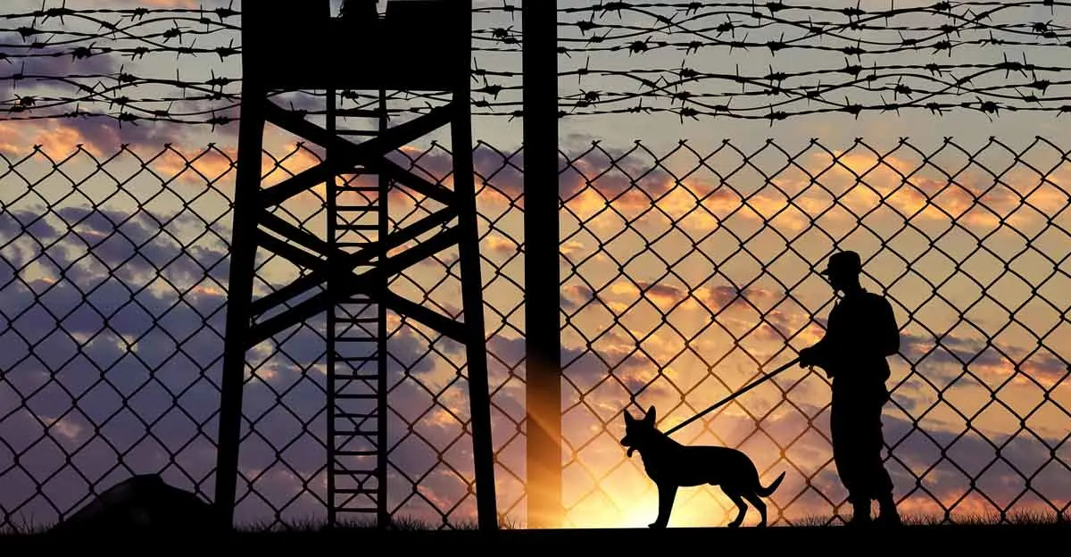 Silhouette of a person with a dog on a leash standing near a barbed wire fence at sunset. A watchtower is visible in the background, with a colorful sky of orange, purple, and yellow hues.
