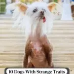 A Chinese Crested dog with patchy fur, large ears, and tongue sticking out sits on a wooden pier—perhaps one of those dogs that hate water. Text overlay reads: “10 Dogs With Strange Traits That Make Them One Of A Kind.”.
