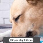 A tan dog with closed eyes, calm and content, eats from a blue bowl. Text overlay reads: "10 Sneaky Fillers Showing Up in Your Dog&rsquo;s Bowl." The website "whatcanmydogeat.com" appears at the top&mdash;perfect for calm dogs with hidden needs.
