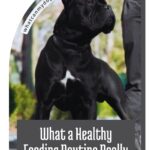 A large black dog on a leash stands alert outdoors next to a person. Text overlay reads: "What a Healthy Feeding Routine Really Looks Like for Calm Dogs with Hidden Needs.