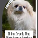 A small, long-haired dog with a flat face and white fur sits outdoors. Text reads: "10 Dog Breeds That Were Status Symbols for the Elite&mdash;dogs that get deeply attached to people." whatcanmydogeat.com appears at the top.