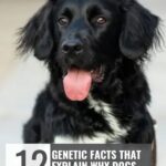A black dog with a white chest sits with its tongue out. Text reads: "WHATCANMYDOGEAT.COM" and "12 Genetic facts that explain why dogs that get deeply attached to people act the way they do.